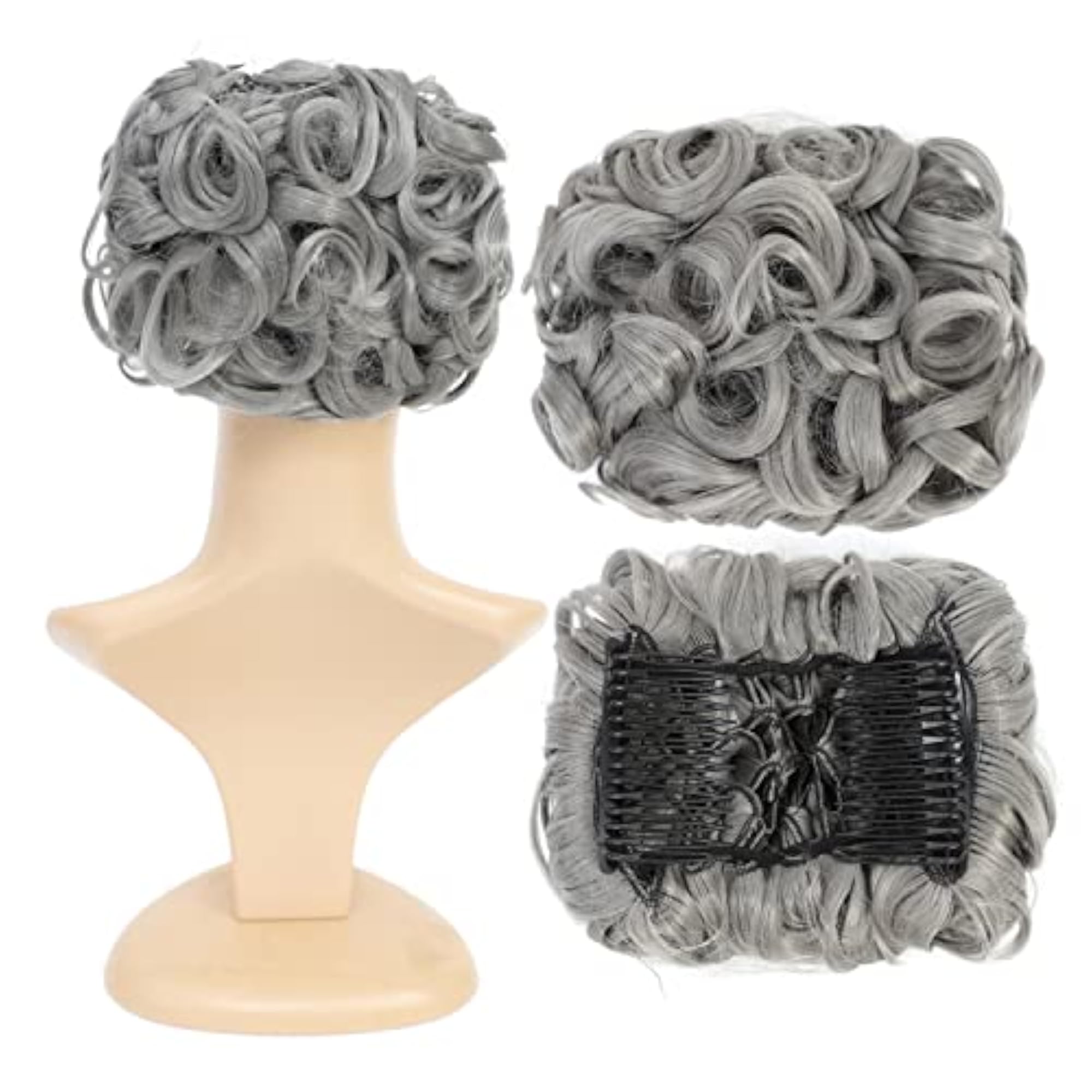Short Messy Curly Dish Hair Bun Extension, Grey